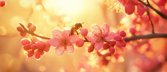 Fototapeta premium Honeybee on Pink Plum Blossoms in Spring Sunshine