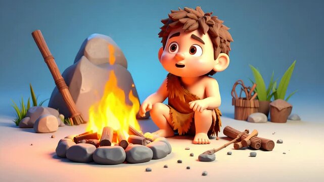 A cartoon caveboy kneels near a roaring campfire. Tools and stone are near. Bright, digital art