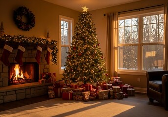 Festive home interior with Christmas tree, fairy lights, and wrapped presents under warm golden glow