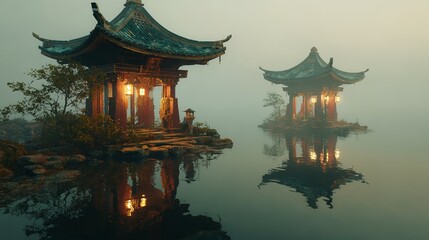 Tranquil Pagodas on Misty Waters: Reflections of Asian Architecture in Serene Environment