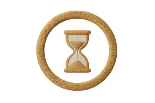 Sand hourglass in a circular frame representing passing time, countdown, urgency, and deadline
