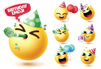 Emoji birthday emoticon character clipart set. Birthday emojis character clip art in cute, fun, joyful, surprise and cheerful smiley face collection with party hat, blowing balloon, balloons and gift 