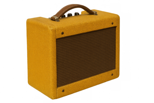 Retro-style guitar amplifier with a tweed finish and leather handle, providing classic sound. Transparent background
