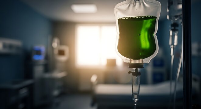 Close up of IV drip bag with green liquid in hospital room.