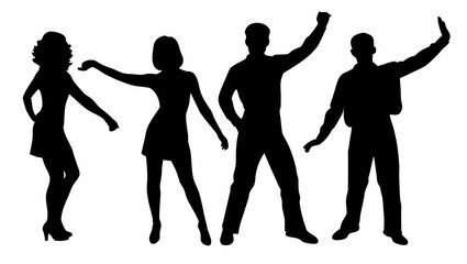 Fototapeta premium Silhouette of four people in various poses including raised arms and gesturing in a black and white image