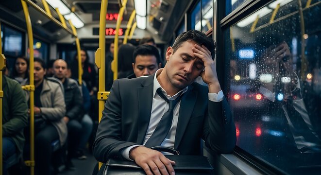 Exhausted commuter on a bus after a long day.