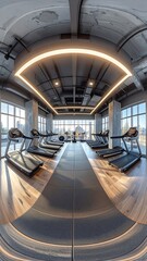 Panoramic view of a modern fitness center with treadmills, hardwood floor, and large windows