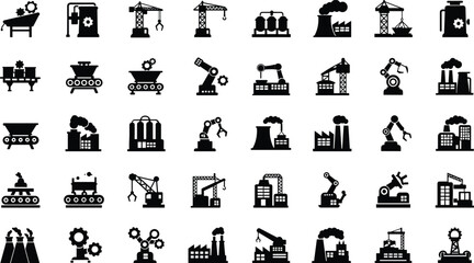 Collection of black industrial factory and machinery icons vector
