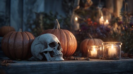 Moody Halloween Still Life with Skull, Pumpkins, and Lit Candles on Wood