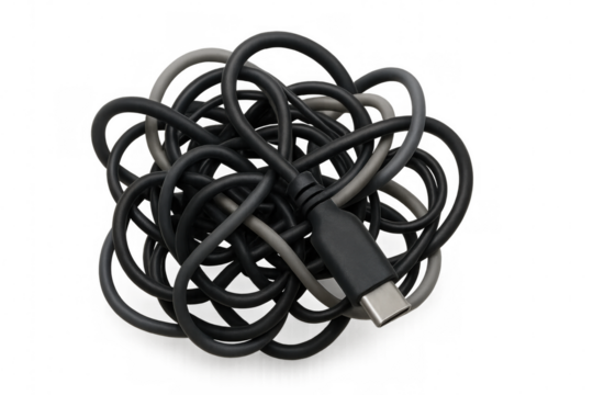 Usb-c cable mess creating a tangled knot, representing complexity and frustrating technology connection issues
