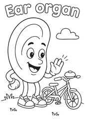 coloring book ear organ riding bicycle, fun outdoor exercise for kids
