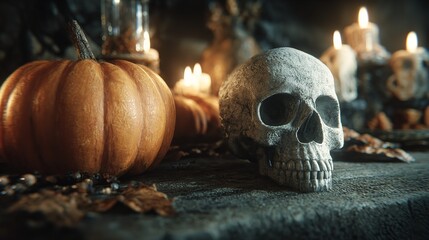 Autumnal Still Life: Pumpkin, Skull, and Candles, a Spooky Halloween Arrangement