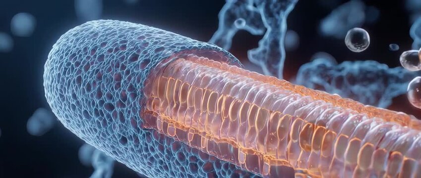 3D cross-section animation of nutrient molecules passing through an intestinal villus wall. Scientific visualization of absorption.