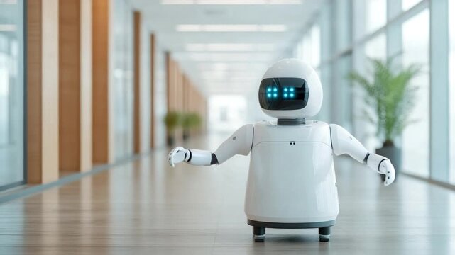Friendly robot assistant in modern office interior with large windows and wooden accents in a serene environment 4k video footage