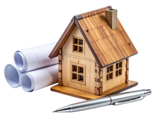 Miniature Wooden House with Mortgage Loan Documents, isolated on transparent background 