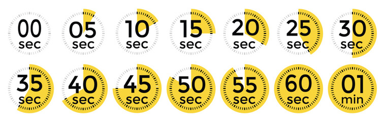 Countdown Timer and Stopwatch Icon Set – Flat Vector Collection of Clocks Showing 5 to 60 Seconds, Minimal Line Art Design for Time and Speed Concepts