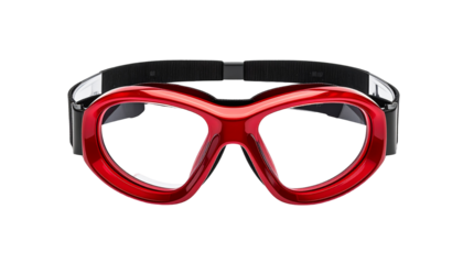Red goggles with a black strap