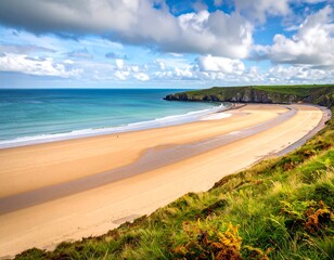 Panoramic view of a pristine beach, turquoise water, and dramatic cliffs