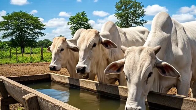 White Nelore cattle drinking water from a rustic wooden trough on a tropical farm, blue sky and palm trees, realistic rural scene, livestock, agriculture, Brazil.