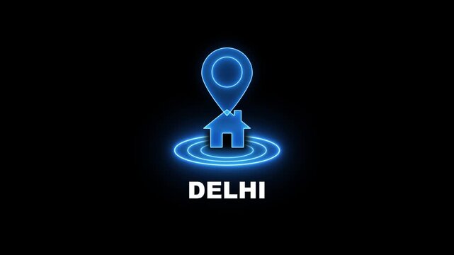 Blue Neon Location Pin Icon with House Symbol and Delhi Text Keywords: delhi, india, location pin, map marker, navigation, destination, home, house, real estate, property, address, gps