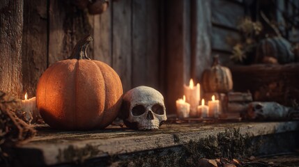 Spooky Halloween Still Life with Pumpkin, Skull, and Candles Glowing Softly