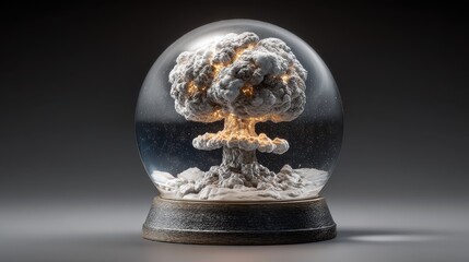 atomic mushroom cloud in a snow globe miniature nuclear explosion nuclear art mini bomb photorealistic  aigenerated