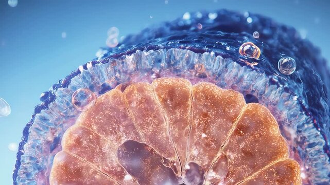 3D cross-section animation of nutrient molecules passing through an intestinal villus wall. Scientific visualization of absorption.