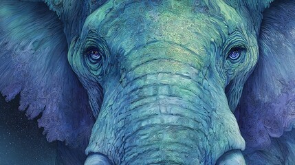 Intricate blue elephant portrait exhibits remarkable detail and artistic expression with its unique coloring