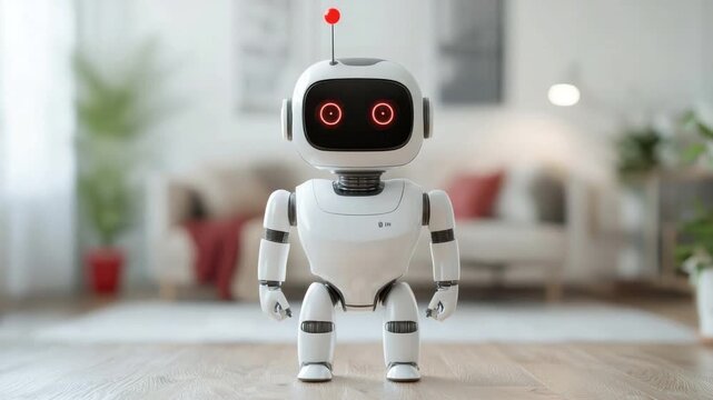 Cute humanoid robot with glowing red eyes in modern living room setting, playful and innovative technology concept 4k video footage