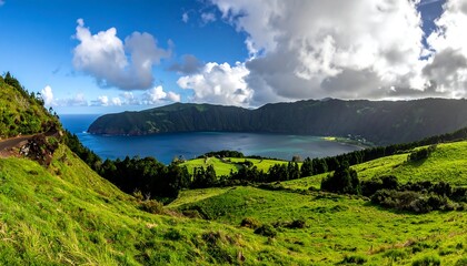 Panoramic view of a volcanic caldera, lush green hills, clear blue water, and bright sky