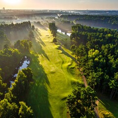 Aerial view of a verdant landscape with fairways, trees, and water