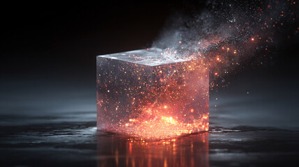 A holographic cube floats and disintegrates into glowing particles, captured in hyperrealistic detail with dynamic light and digital fragmentation effects