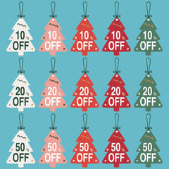 A collection of Christmas tree-shaped sale tags/labels with discount percentages text. The festive vector design in red, pink, and green is perfect for holiday promotions and product pricing.