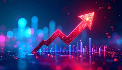 A glowing red arrow pointing upwards over a stock chart with a dark blue and purple bokeh background