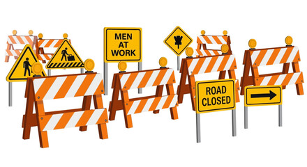 The image shows a collection of road construction barriers and warning signs