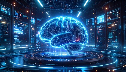 Glowing digital brain with intricate neural circuits, symbolizing artificial intelligence, advanced data processing, and futuristic cognitive computing technology