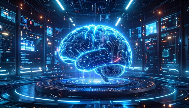 Glowing digital brain with intricate neural circuits, symbolizing artificial intelligence, advanced data processing, and futuristic cognitive computing technology