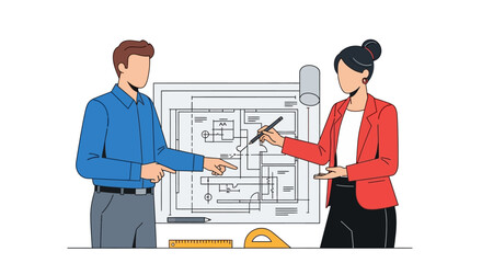 Two individuals reviewing architectural plans laid out on a table