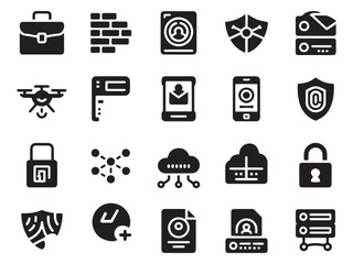 Collection of 20 glyph style icons for technology security data and business essentials
