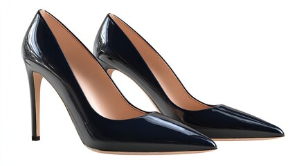 Glossy black high heels embody timeless elegance and sophistication on white background.