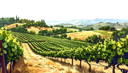 Panoramic vineyard landscape, rows of green vines, rolling hills