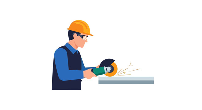 Worker cutting metal with angle grinder sparks flying