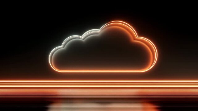 Glowing neon orange cloud icon on black background representing digital weather forecast and online data concept