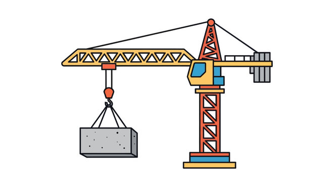 A construction crane holds a concrete block