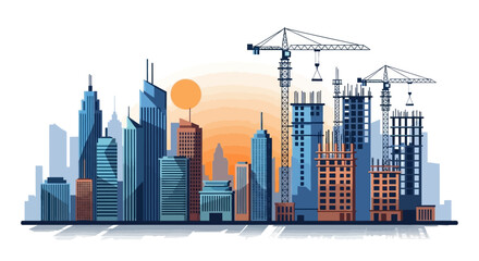 A skyline of buildings in various colors and heights with three construction cranes towering above them set against a yellow sky