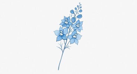Fine Art Composition Featuring Blue Delphinium and Larkspur Flowers in Watercolor on White Background