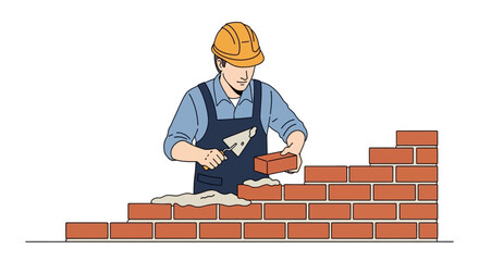 A worker wearing a yellow hard hat builds a brick wall adding mortar and bricks
