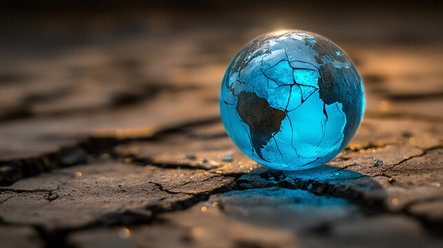 holographic globe levitating above cracked concrete surface. Symbolizes technology, sustainability, global innovation, resilience, and futuristic urban concepts