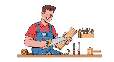 Cartoon carpenter sawing wood at a workbench tools nearby happy face
