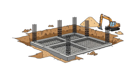 Construction foundation steel rebar and excavator near dirt mound